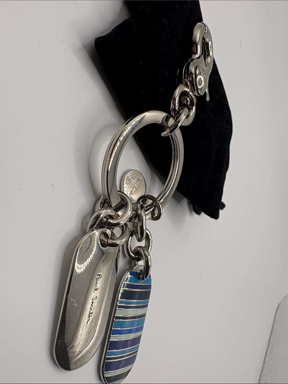 Paul Smith Silver Tone Keyring with Blue and Navy Striped Enamel Charms